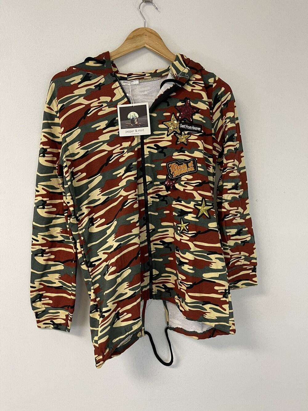 Peppermint Hoodie Womens Small Camouflage Beaded Sweatshirt Embroidered N101